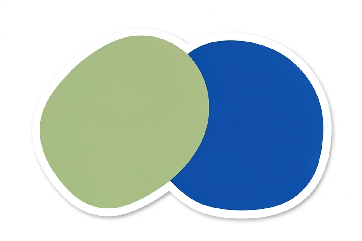 A simple abstract mark of two overlapping rounded shapes in the site's own palette, without any coin, token, or brand symbolism
