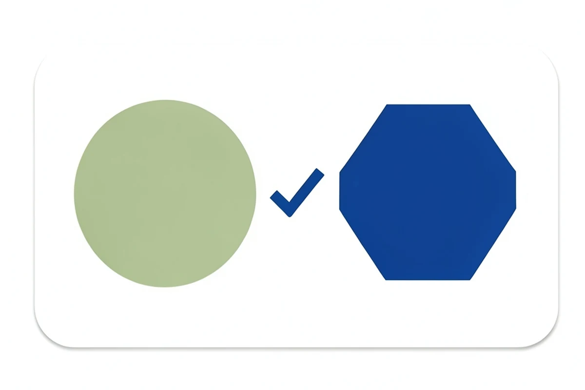 Two small labeled outline shapes side by side, a circle and a hexagon, with a checkmark between them, representing matching two things before proceeding
